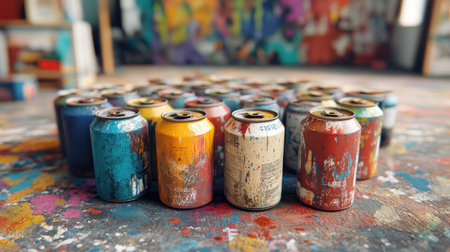 A variety of spray paint cans with worn labels, surrounded by paint splatters on a studio floor.の素材
