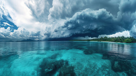 A wide-angle view of a thunderstorm approaching, with dark clouds dominating the sky.の素材