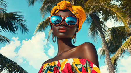 A vibrant image of a woman in mirrored sunglasses and a colorful summer dress, standing against a beachy backdrop.の素材