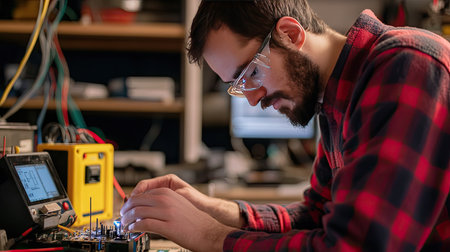 A technician inspecting wire connections insulated with electrical tape, with a multimeter in the background.の素材
