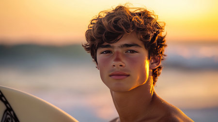 A young man with his surfboard in hand, posing in front of the ocean during golden hour, with warm sunlight.の素材