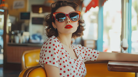 A woman in oversized sunglasses and a vintage-inspired polka dot dress, posing in a retro-style caf.の素材