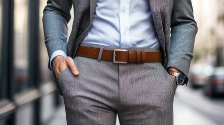 A stylish guy in a slim-fit suit with a brown belt, captured walking in an urban business district.の素材