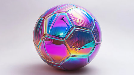 A shiny soccer ball with metallic accents and a holographic finish, highlighted on a white background.の素材