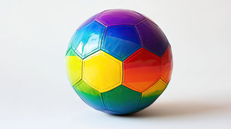 A vibrant soccer ball with rainbow-colored panels, displayed against a pristine white backdrop.の素材