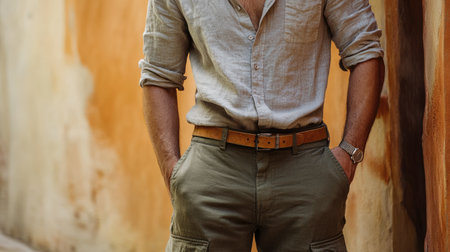 A stylish man in an untucked linen shirt with rolled sleeves, wearing a wide belt over cargo pants.の素材