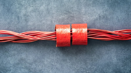 Two copper wires twisted together and insulated with red electrical tape, against a gray industrial surface.の素材