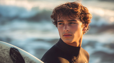 A young man looking focused while holding his surfboard at the edge of the ocean, preparing for a surf session.の素材