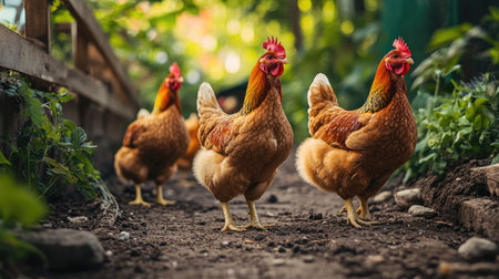 Rows of chickens inside an indoor farm, pecking at the ground, with a spacious environment and clear ventilation systems.の素材