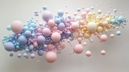 Styrofoam mini balls in pastel shades bursting outward, creating a whimsical and fun mid-air composition.の素材