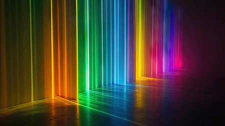 A glowing light source casting fluid and colorful beams across a dark space, creating an aura of movement.の素材