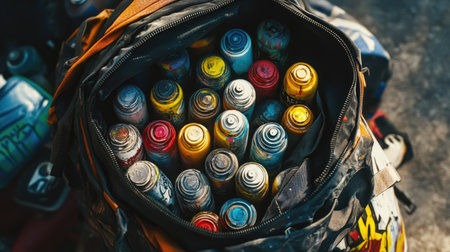 A graffiti artist's backpack unzipped to reveal an assortment of spray paint cans and supplies.の素材