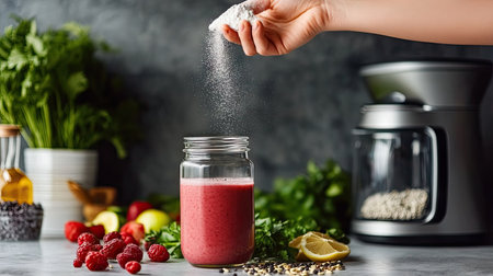 A hand sprinkling protein powder into a smoothie, with a blender and fresh ingredients nearby.の素材