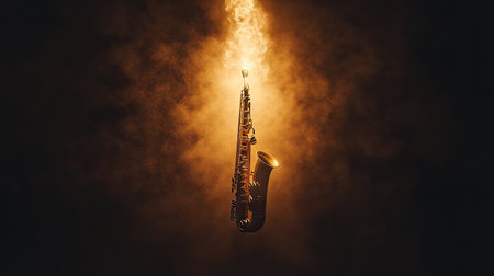 A glowing spotlight illuminating a solo saxophone standing upright, surrounded by faint smoke trails.の素材