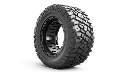 A high-quality car tire with a strong, textured tread pattern, isolated on a white background with strong contrast.の素材