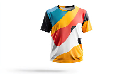 A graphic t-shirt with a bold design, floating mid-air and slightly rotated, against a white background.の素材