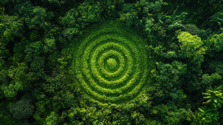 A lush green bush labyrinth with a circular pattern, photographed from an overhead perspective.の素材