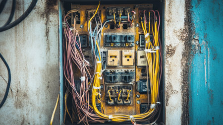 A junction box with multiple wires securely insulated with electrical tape and neatly arranged.の素材