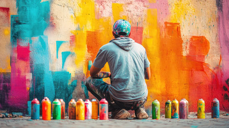 A graffiti artist crouching next to a wall, surrounded by spray paint cans in vibrant colors.の素材