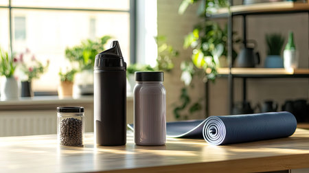 A gym counter with a shaker bottle, protein powder container, and a rolled-up yoga mat.の素材