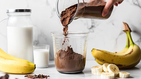 A hand pouring chocolate protein powder into a blender with milk and bananas nearby.の素材