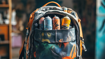A graffiti artist's backpack unzipped to reveal an assortment of spray paint cans and supplies.の素材