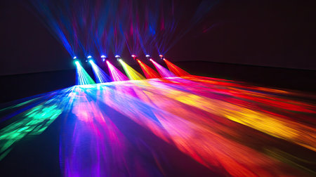 A glowing light source casting fluid and colorful beams across a dark space, creating an aura of movement.の素材