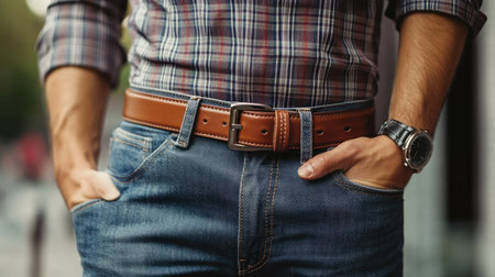 A man in slim-fit jeans and a plaid shirt, showcasing a tan leather belt with a polished buckle.の素材