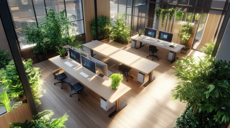 A high-angle view of an open office layout with standing desks, green plants, and large monitors on wooden tables.の素材