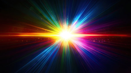 A glowing light source casting fluid and colorful beams across a dark space, creating an aura of movement.の素材