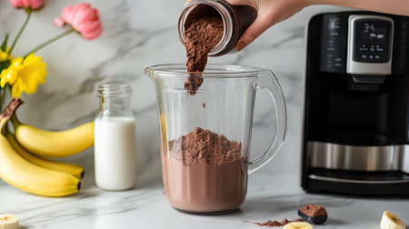 A hand pouring chocolate protein powder into a blender with milk and bananas nearby.の素材