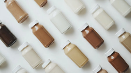 A group of protein drink bottles in various flavors, neatly arranged on a white background.の素材