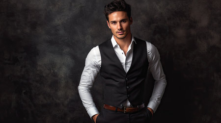 A man in a formal vest and dress pants, with a shiny leather belt, posing against an elegant studio backdrop.の素材