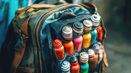 A graffiti artist's backpack unzipped to reveal an assortment of spray paint cans and supplies.の素材