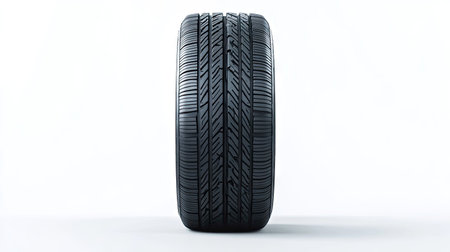 A high-quality car tire with a strong, textured tread pattern, isolated on a white background with strong contrast.の素材