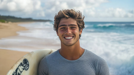 A happy young man standing proudly with his surfboard on the beach, the ocean waves crashing behind him.の素材