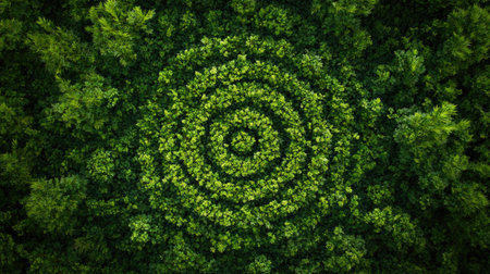 A lush green bush labyrinth with a circular pattern, photographed from an overhead perspective.の素材