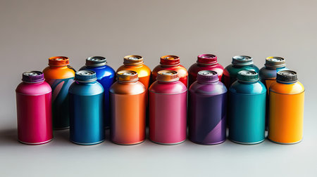 A group of spray paint cans arranged in a gradient of colors, placed neatly on a neutral surface.の素材