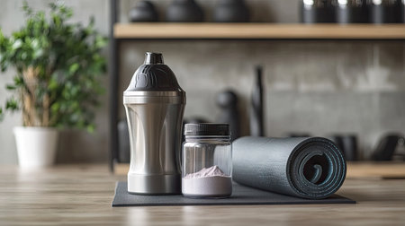 A gym counter with a shaker bottle, protein powder container, and a rolled-up yoga mat.の素材
