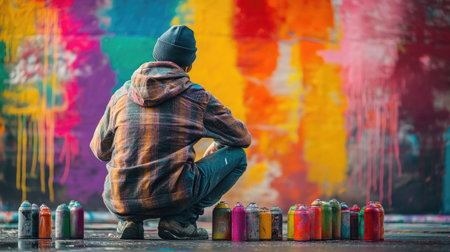 A graffiti artist crouching next to a wall, surrounded by spray paint cans in vibrant colors.の素材