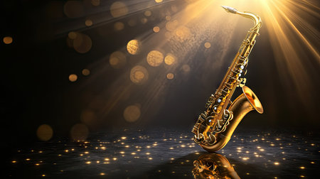A golden alto saxophone shining under a spotlight on a glossy black surface, elegant and detailed, with subtle reflections and shadows.の素材