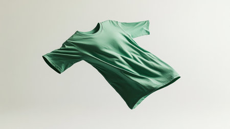 A green t-shirt with its sleeves outstretched, floating mid-air with a slight rotation, on a white background.の素材