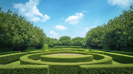 A labyrinth of neatly trimmed green hedges with a central circular clearing, under a bright blue sky.の素材