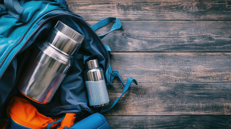 A gym bag open with a shaker bottle, protein powder container, and workout gear spilling out.の素材
