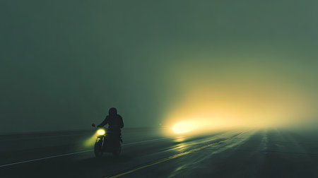 A motorbike rider silhouetted on a foggy highway, headlights glowing softly through the haze.の素材
