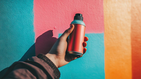 A hand holding a spray paint can in front of a blank wall, ready to create artwork.の素材