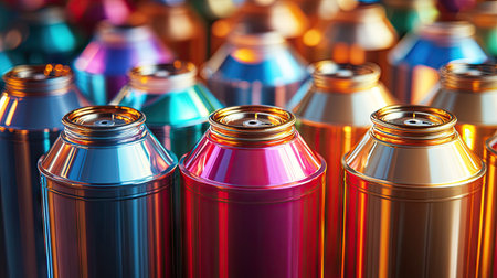 A metallic spray paint can reflecting light, standing out in a row of matte-colored cans.の素材