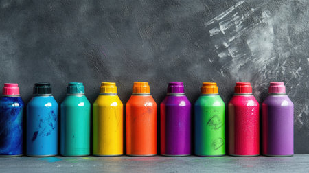 A group of spray paint cans arranged in a gradient of colors, placed neatly on a neutral surface.の素材