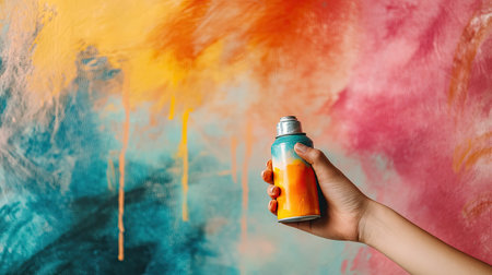 A hand holding a spray paint can in front of a blank wall, ready to create artwork.の素材