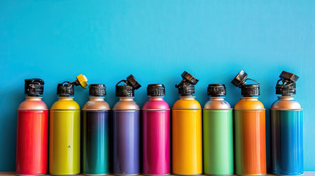A group of spray paint cans arranged in a gradient of colors, placed neatly on a neutral surface.の素材